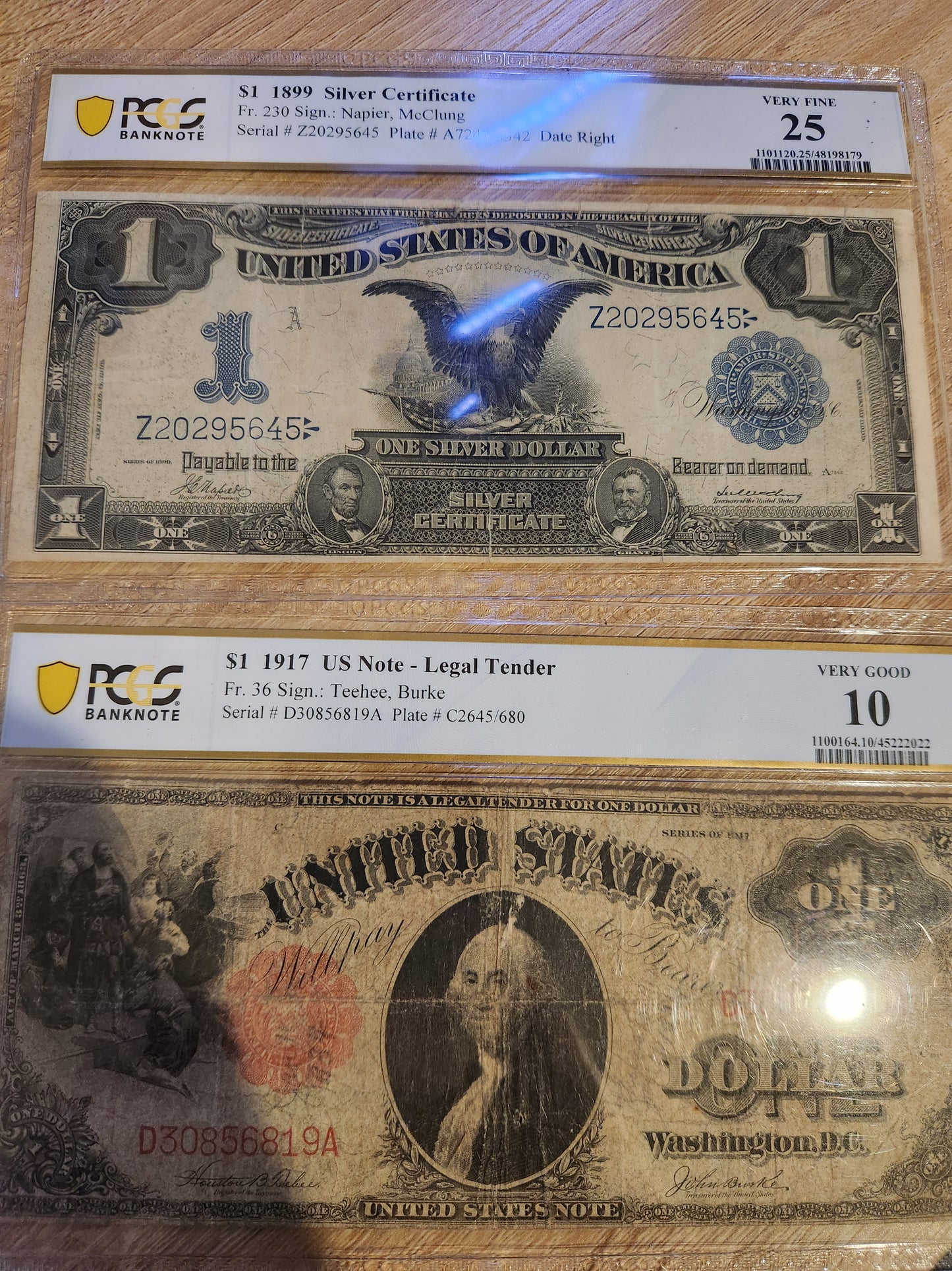 1899 Silver Certificate VF 25 and 1917 $1 note VG 10